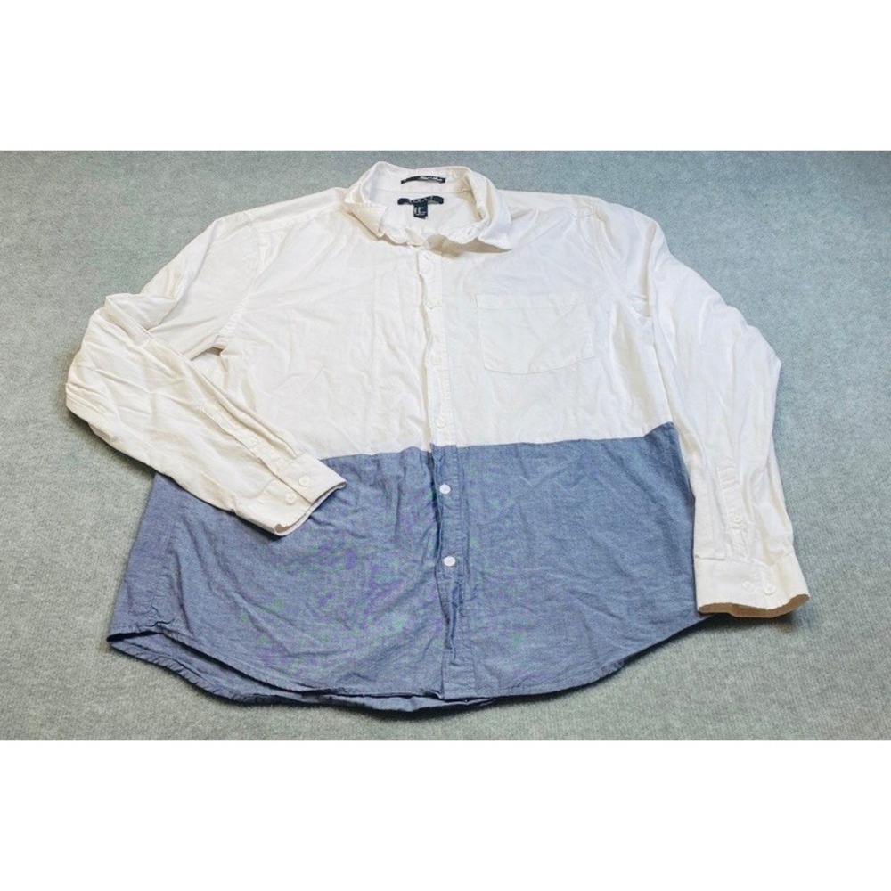 21 Men Button Down Shirt Mens XL White Blue Color Block Fitted Long Sleeve